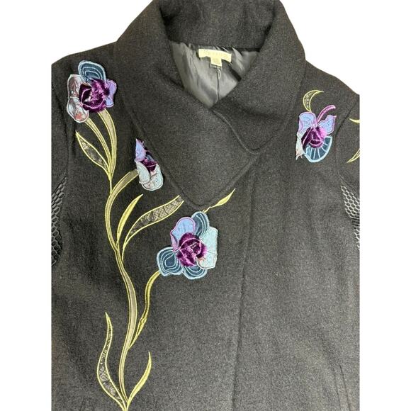 "Carson" 100% Wool Embroidered Floral Black Coat SZ L Netting On Sleeve Dk Fairy - Picture 6 of 16